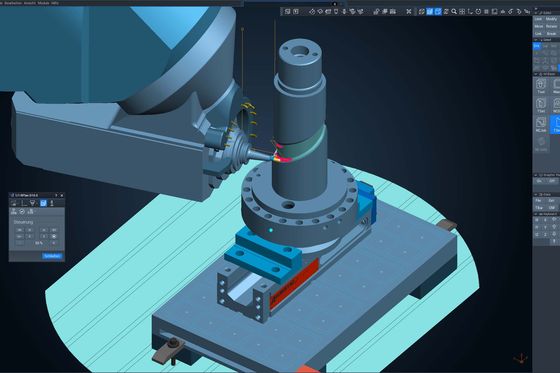 CAM Simulation eines fünfachsigen Fräsprozesses mit Werkzeug, Spannmittel und Werkstück im Bearbeitungsraum.